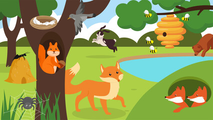 Wall Mural - Wild animals in the park. Vector illustration in flat cartoon style.