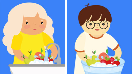 Poster - Girl and boy washing fruit in the sink. Vector illustration