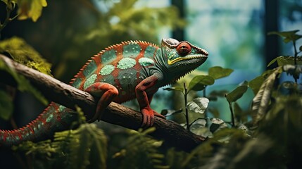 Wall Mural - Beautiful of chameleon on branch blur nature background. AI generated image