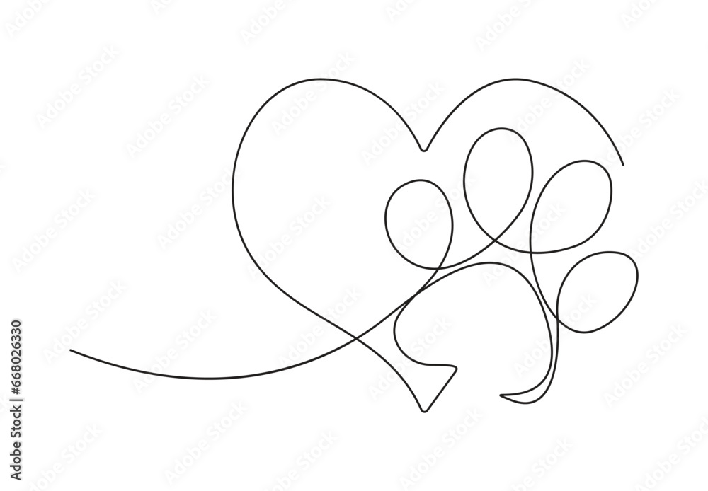Heart with cat or dog paw in continuous single line drawing. Minimal ...