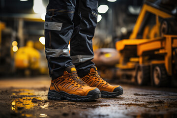 Wall Mural - A factory worker which is wearing safety shoe and working uniform is standing in the factory, ready for working in danger workplace concept. Industrial working scene and safety equipment. 