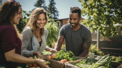 Wall Mural - Volunteers share produce in garden.