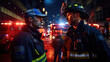 A firefighter and a paramedic exchange a knowing glance after a heroic rescue operation