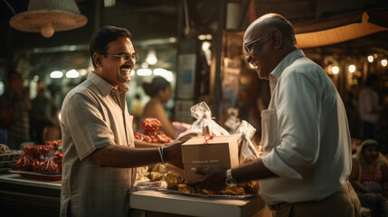 Poster - Vendor presents a gift box to a loyal customer expressing thanks for continuous support with a heartfelt smile.