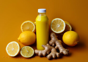 Wall Mural - Ginger lemon turmeric immune system shot juice with ingredients on yellow background.Macro.AI Generative