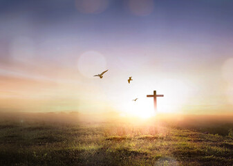 Wall Mural - silhouette cross on meadow sunrise background