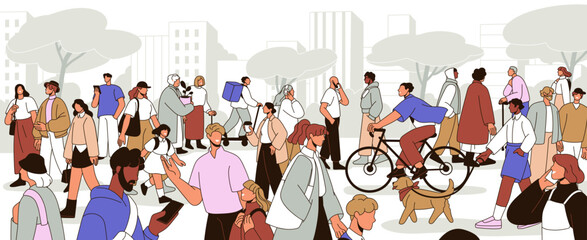 Fototapete - People walking on busy city street. Urban lifestyle. Citizens, pedestrians crowd going on different businesses. Many characters with dog, phones, bicycles, cityscape panorama. Flat vector illustration