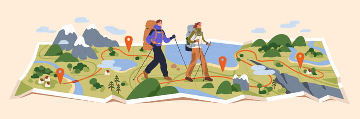 hikers walking, trekking in nature. tourists couple, tiny people travelers with backpacks hiking on 