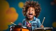 A joyful child is playing drums on a studio background with copy space. Creative banner for children's music school
