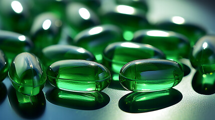 Green chlorella pills or green barley pills and powder closeup.