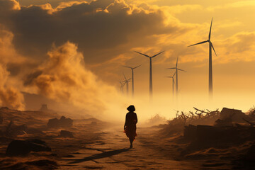 Wind turbines farm at sunset. 