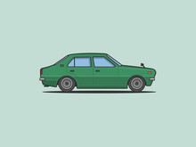Minimalist Illustration Of Old Green Sedan Car Retro Classic Car Flat Vector 80s 70s Model