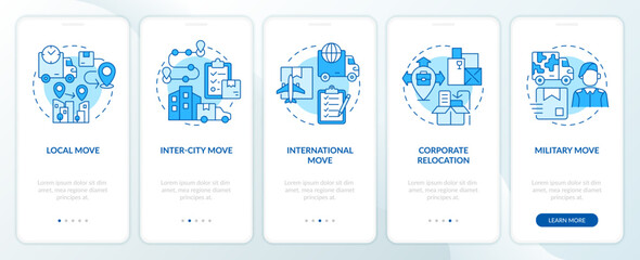 Sticker - 2D icons representing moving service mobile app screen set. Walkthrough 5 steps blue graphic instructions with line icons concept, UI, UX, GUI template.