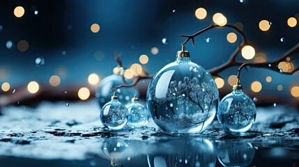 Wall Mural - Glass ball on blue background, glass globe ball. Christmas snow globe. Generative AI