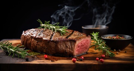 Sticker - A steak on a cutting board with a sprig of rosemary