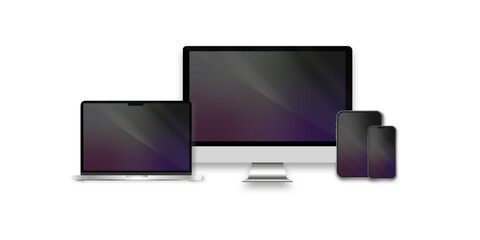 Wall Mural - dark set of mockups of realistic devices: isolated smartphone, laptop, tablet, monitor on white back