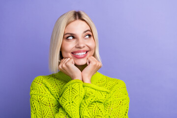 Sticker - Photo of dreamy sweet woman dressed knitted sweater arms cheeks looking empty space isolated violet color background