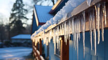 Icicles On A Roof, Icicles On House Roof In Cold Winter