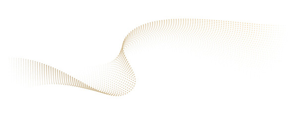 Flowing dot particles wave pattern halftone gold gradient smooth curve shape isolated on transparent background. Vector in concept of luxury, technology, science, music, modern.