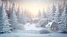 Snow Winter Landscape, Christmas Tree, Little House, In White Paper Cut Art