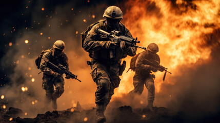 Poster - Special Forces team on the battlefield where there are explosions,