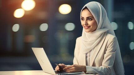 Dubai business woman working on the laptop in the white office