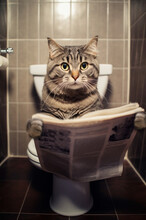 The Cat Is Sitting On The Toilet And Reading A Newspaper.