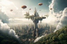 A City In The Sky With Tall Buildings And Structures That Are Floating. Generative AI