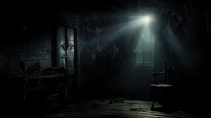 An image of a spider's web against the backdrop of a dimly lit room.