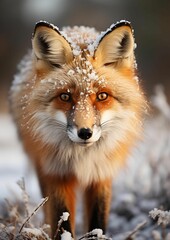 Sticker - Beautiful orange fox standing in a snowy forest, AI-generated.