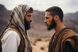 A portrait of an Israeli and an Arab looking at each other in the desert. The concept of confrontation and enmity between Israel and Palestine