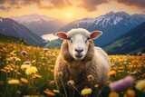 Fototapeta Zwierzęta - Sheep animal in the nice green and healthy landscape high in mountains. Generative Ai