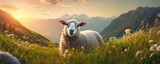 Fototapeta Fototapety ze zwierzętami  - Sheep animal in the nice green and healthy landscape high in mountains, panorama. Generative Ai