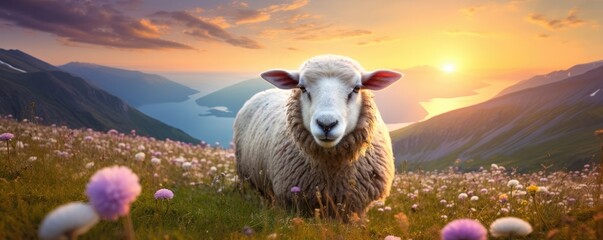 Wall Mural - Sheep animal in the nice green and healthy landscape high in mountains, panorama. Generative Ai