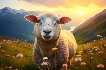 Wall Mural - Sheep animal in the nice green and healthy landscape high in mountains. Generative Ai