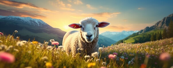 Wall Mural - Sheep animal in the nice green and healthy landscape high in mountains, panorama. Generative Ai