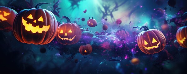 Wall Mural - Halloween wallpaper with scary forest pumpkins and bats, banner panorama. Generative Ai.