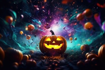 Wall Mural - Halloween wallpaper with scary forest pumpkins and bats, american saints-day. Generative Ai.