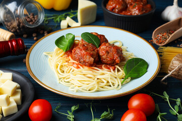 Wall Mural - Pasta with meatballs, concept of tasty and delicious food