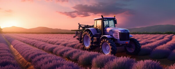 Modern tractor standing in the  field with colorful sunset light, panorama. Generative Ai.