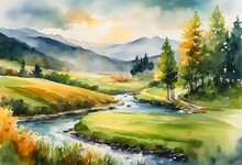 A Lush, Rolling Landscape With A Gentle Stream Meandering Through Vibrant Green Pastures. The Soft, Flowing Watercolors Could Capture The Peacefulness Of The Scene. Generative Ai.