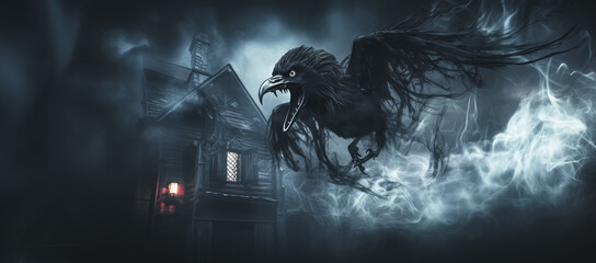 Wall Mural - Horror scene with a crow flying in front of a haunted house