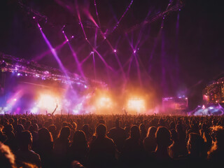 Silhouetted concert crowd rejoices under vibrant stage lights at music festival