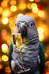 Cute funny parrot with holiday Christmas lights on background. Happy colorful parrot with a glass of champagne celebrating the new year.