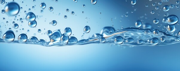 Macro water drops in blue clear drinking water, panorama banner. Generative Ai.