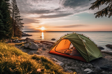 Wall Mural - Tourist tent on the shore of a lake against the backdrop of a beautiful sunset. Tourist landscape. Concept for hiking and traveling.