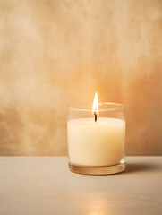 Wall Mural - Minimalist burning wax candle in clear glass on natural beige stone background with copy space, styled commercial product mockup