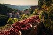 A lush coffee plantation, embodying a peaceful, warm, and sunny atmosphere. Wooden bowls filled with red unprocessed coffee beans. Generative Ai