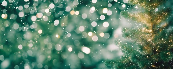 Wall Mural - Branch of green happy Christmas tree on background of falling snow and new year's lights. bokeh, winter, Horizontal background / banner for celebrations and invitation cards, copy space for text