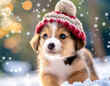 Cute little puppy dog is jumping in the snow, generated image
